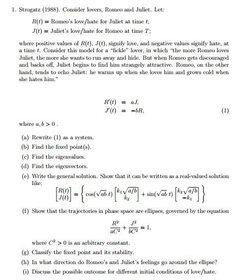 Solved Consider lovers. Romeo and Juliet. Let: R(t) = | Chegg.com