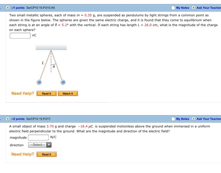 Solved Two small metallic spheres, each of mass m 0.35 g,