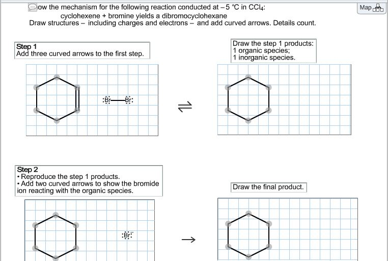 Image for Show the mechanism for the following reaction conducted at - 5 degree C in CCl4: cyclohexene bromine yields a