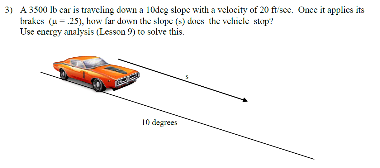 Solved A 3500 lb car is travelling down a 10deg slope with a | Chegg.com