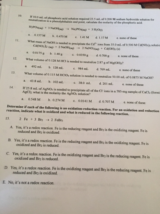 Solved If 10.0mL. of phosphoric acid solution required | Chegg.com