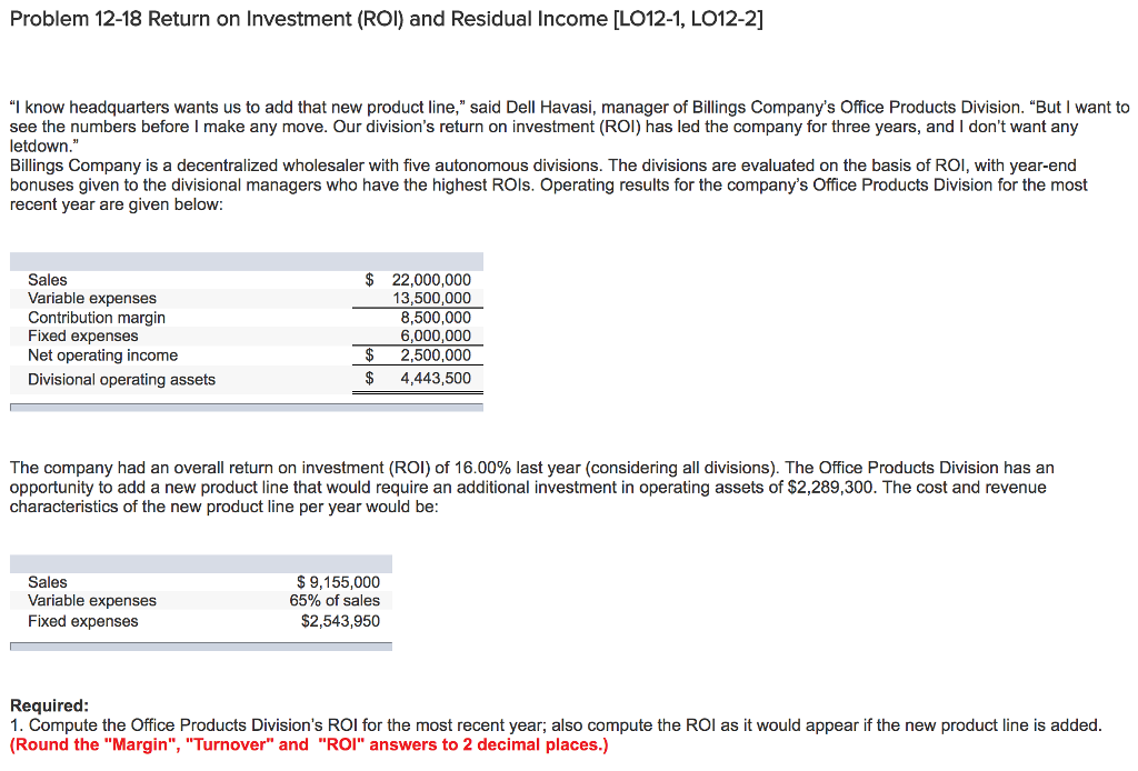 Solved Problem 1218 Return on Investment (RO) and Residual