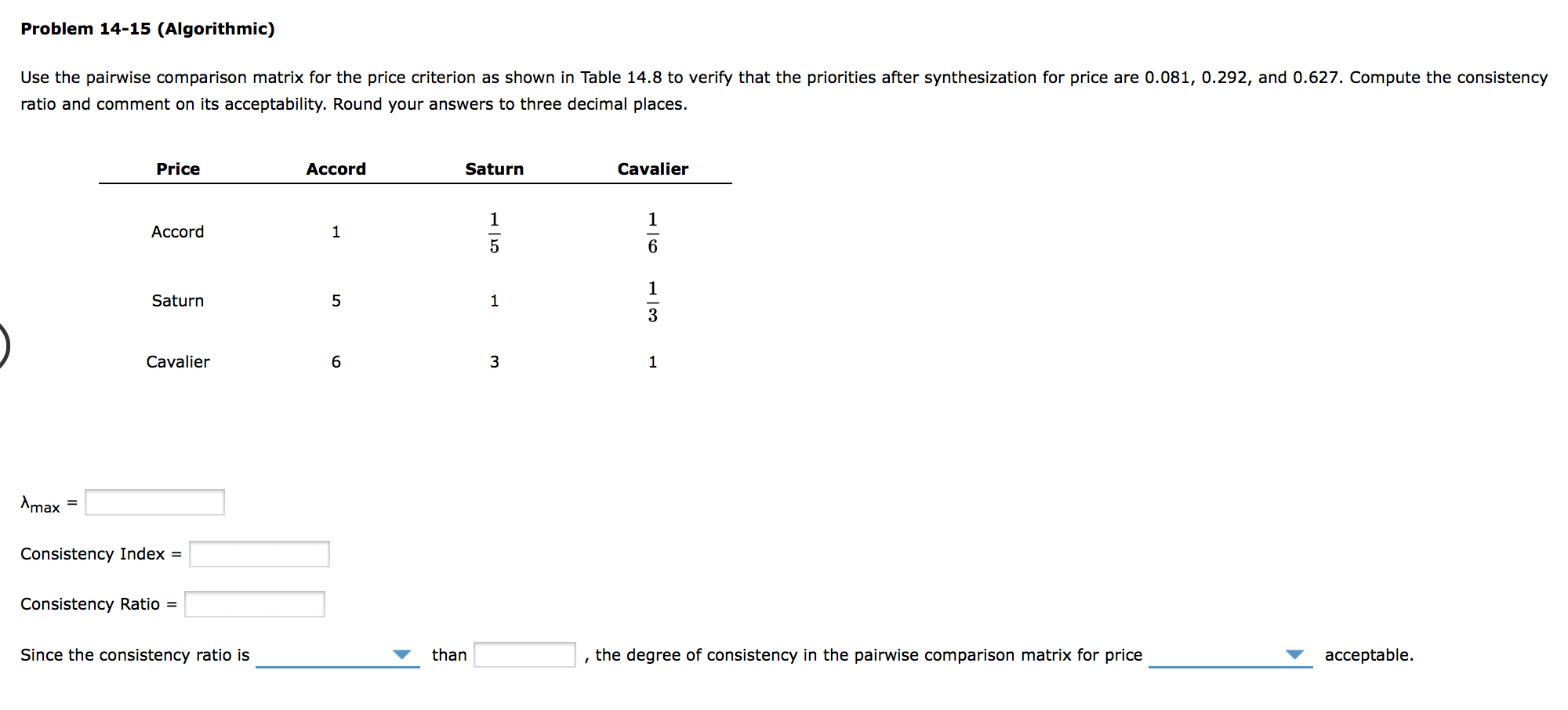 Use the pairwise comparison matrix for the price | Chegg.com