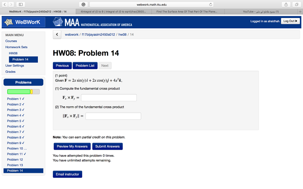 Solved Webwork.math.ttu.edu WeBWorK: F17bijayasim2450s012: | Chegg.com