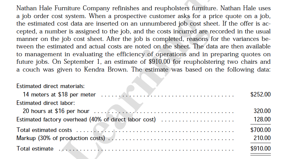 Solved Nathan Hale Furniture Company refinishes and