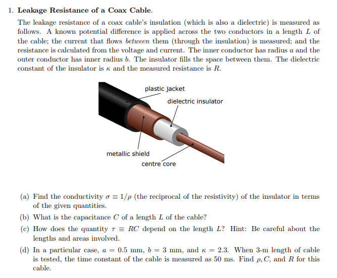 Solved 1. Leakage Resistance of a Coax Cable. The leakage