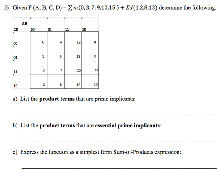 Solved Given F (A, B, C, D) = Sigma M(0, 3, 7, 9, 10, 15) + | Chegg.com