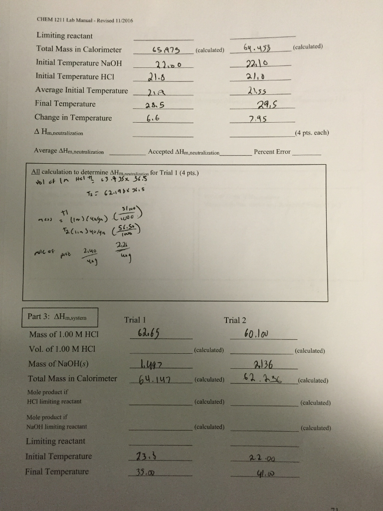 Solved CHEM 1211 Lab Manual Revised 11/2016 9.0 Change in