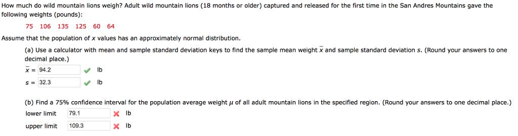 Solved How much do wild mountain lions weigh? Adult wild | Chegg.com