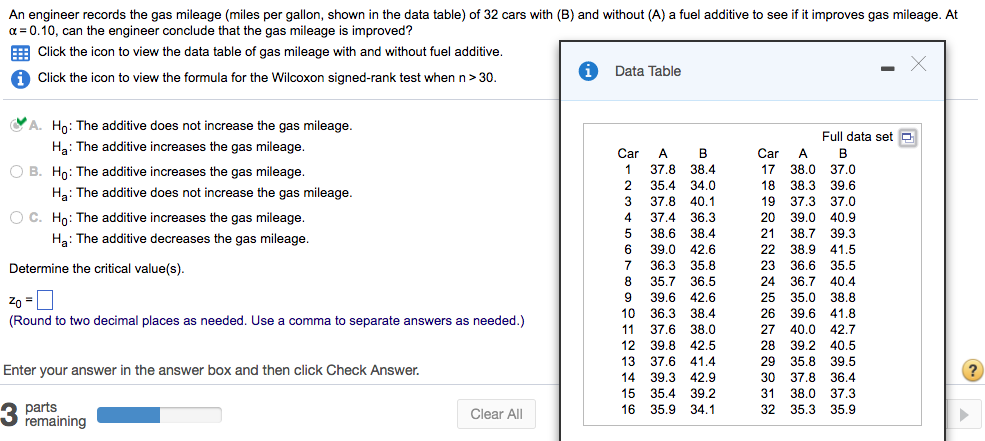 Solved An Engineer Records The Gas Mileage miles Per Chegg