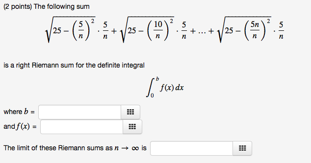 Solved The following sum squareroot 25 - (5/n)^2 . 5/n + | Chegg.com