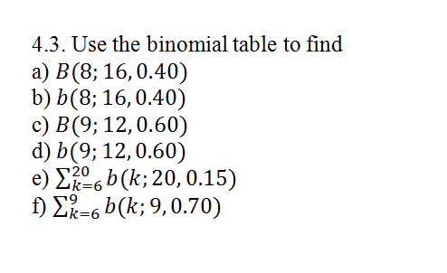 Solved 4.3. Use The Binomial Table To Find A) B(8; 16, 0.40) | Chegg.com