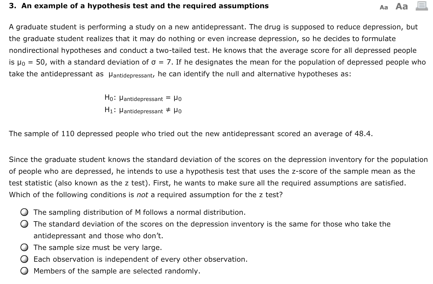 an example of a hypothesis test and the required assumptions
