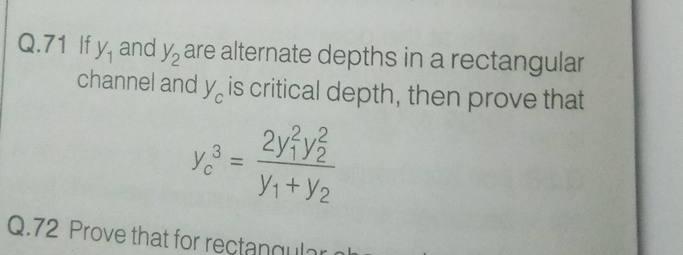 Solved Q.71 If y, and y2are alternate depths in a | Chegg.com