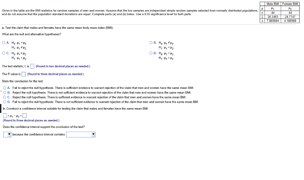 Solved Male BMl Female BMI Given in the table are the BMI | Chegg.com