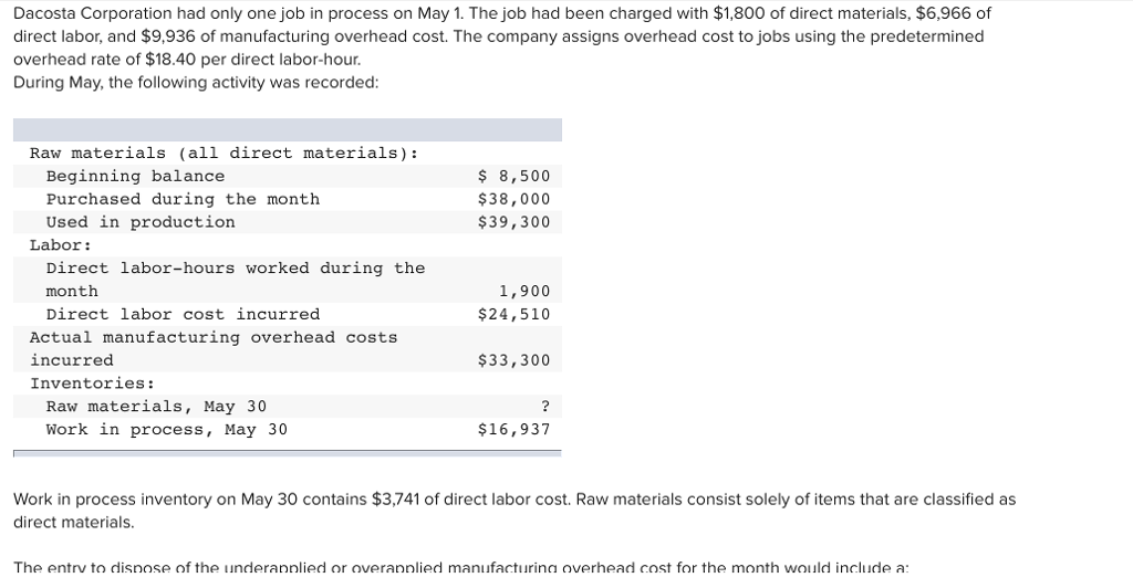Solved Dacosta Corporation had only one job in process on