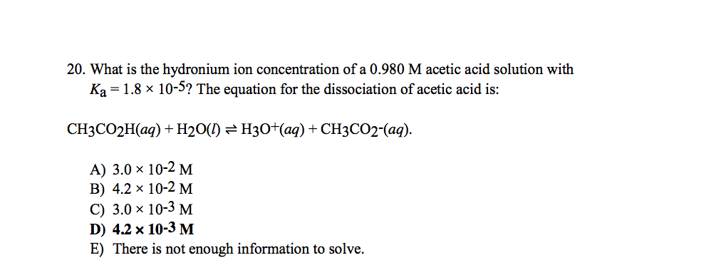 Solved What is the hydronium ion concentration of a 0.980 M | Chegg.com