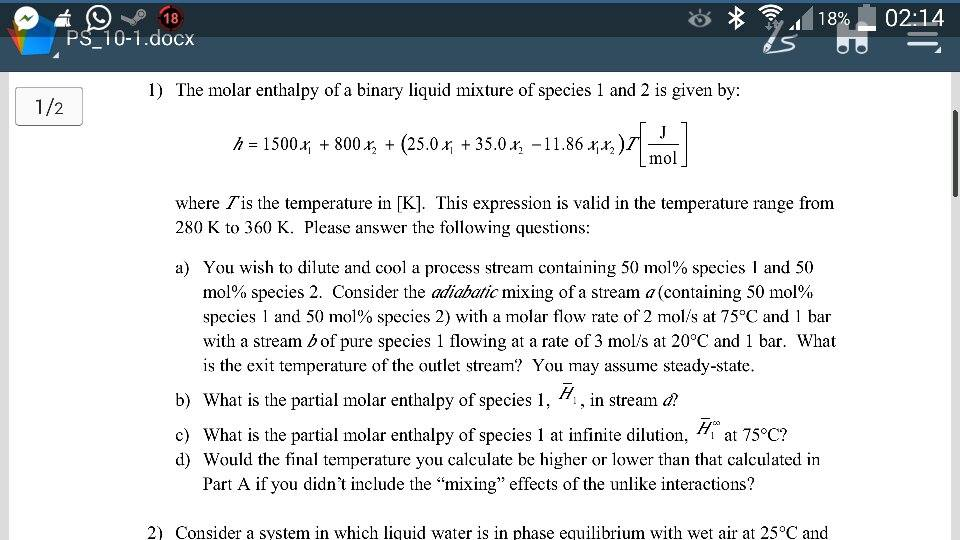 Solved The Molar Enthalpy Of A Binary Liquid Mixture Of | Chegg.com