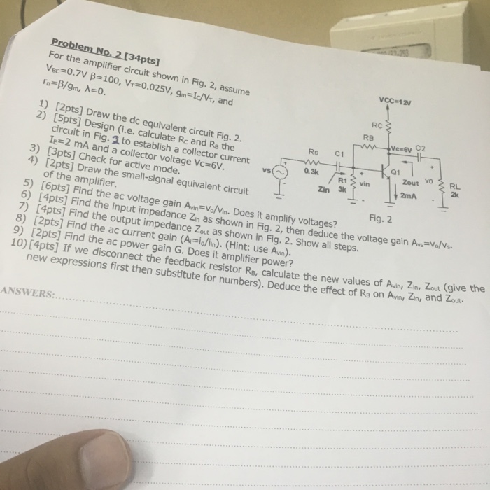 Solved For the amplifier circuit shown in Fig. 2, assume | Chegg.com