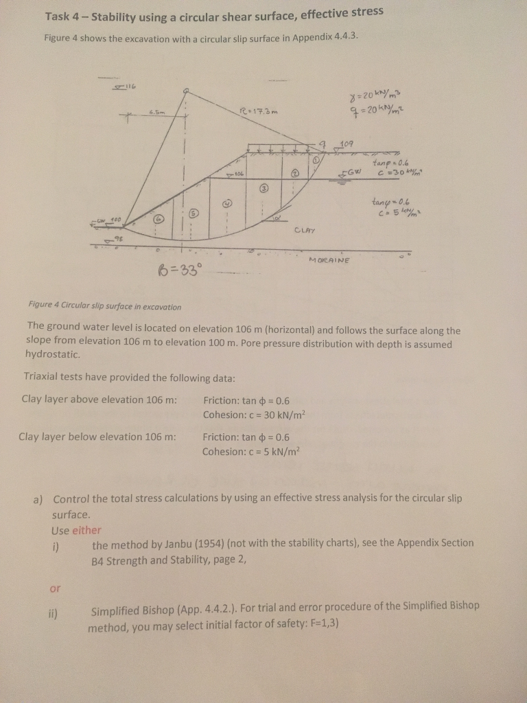 Solved Task 4 -Stability using a circular shear surface, | Chegg.com