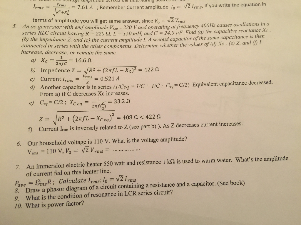 Solved Irms s7.61 A ;Remember Current amplitude lo V2 Irms, | Chegg.com