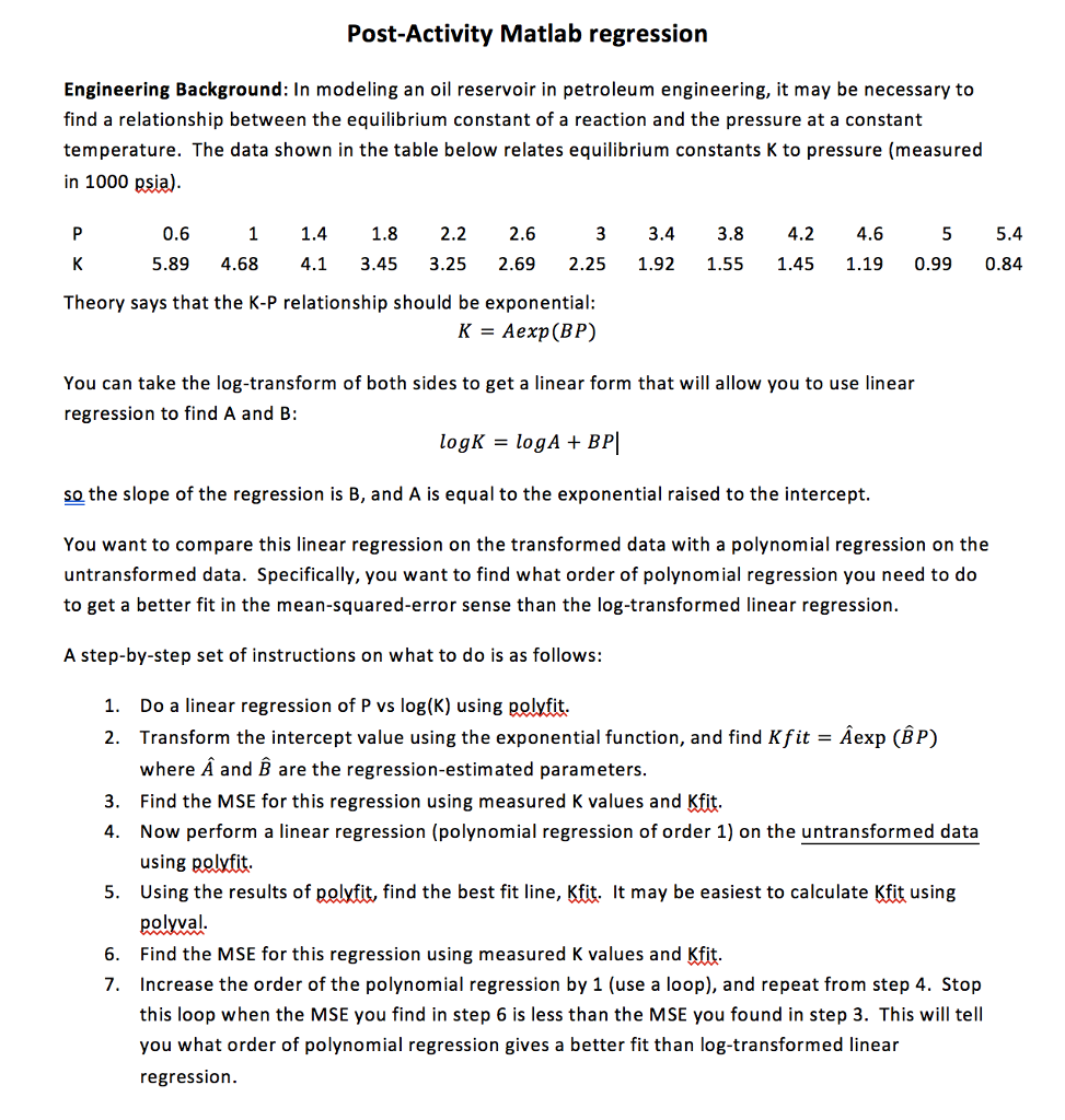 Post-Activity Matlab regression Engineering | Chegg.com