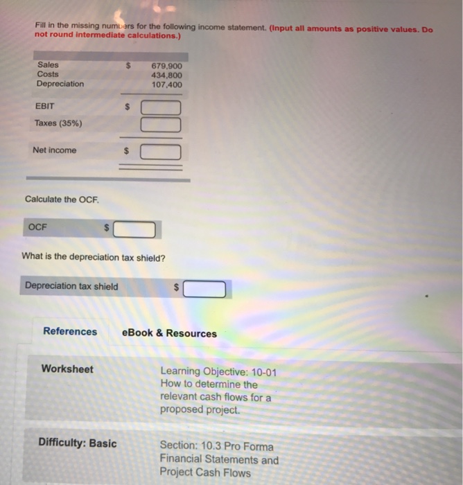 Solved Fill in the missing numbers for the following income | Chegg.com