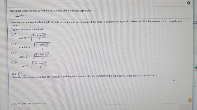 Solved Use a half angle formula to find the exact value of | Chegg.com