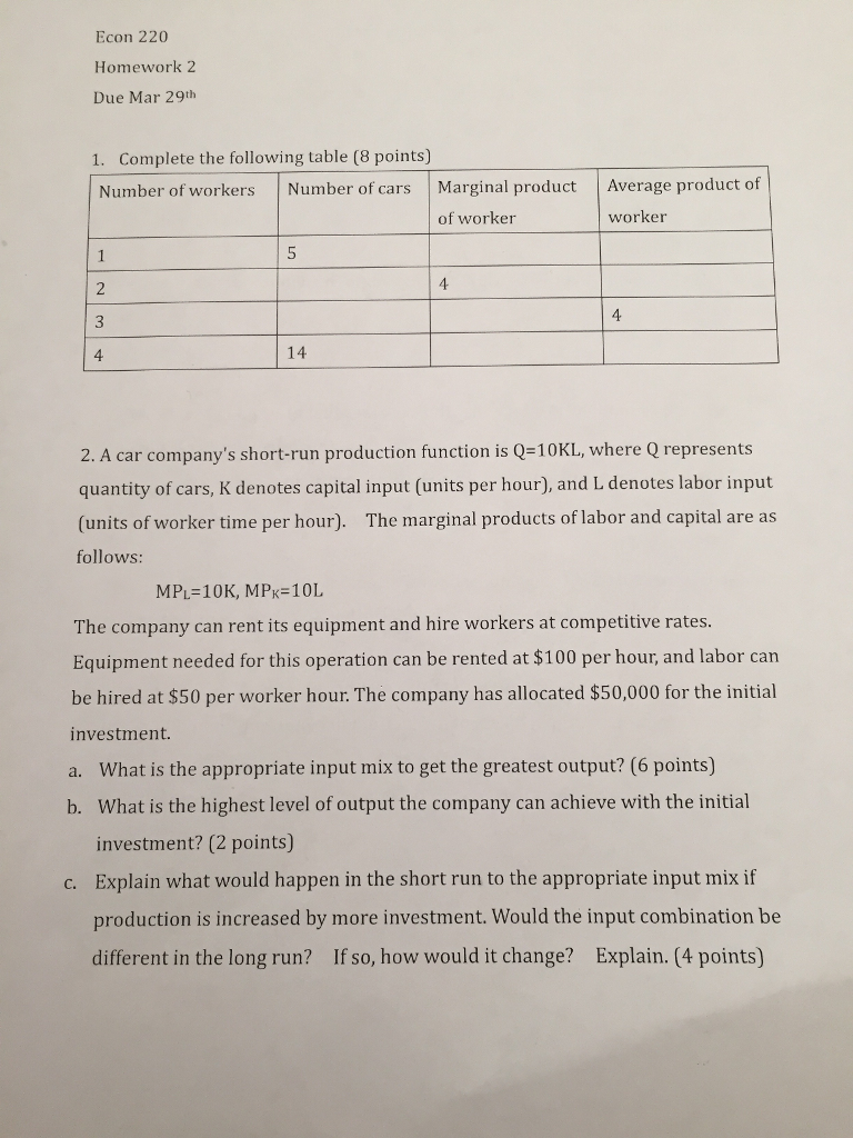 Solved Complete The Following Table A Car Company s Chegg