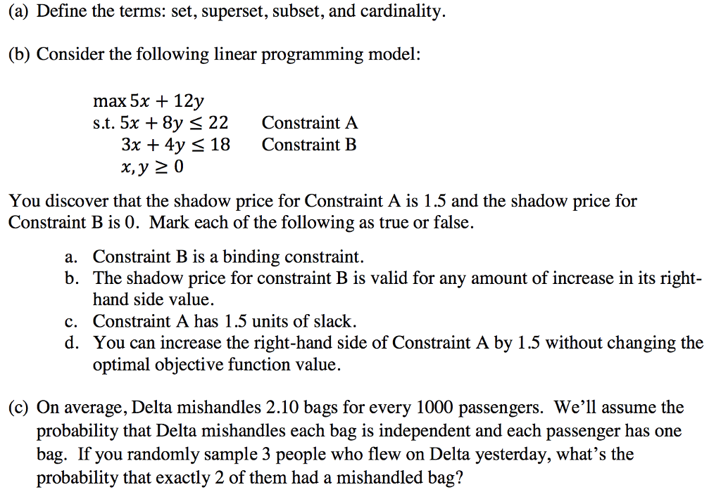 Solved (a) Define the terms: set, superset, subset, and | Chegg.com