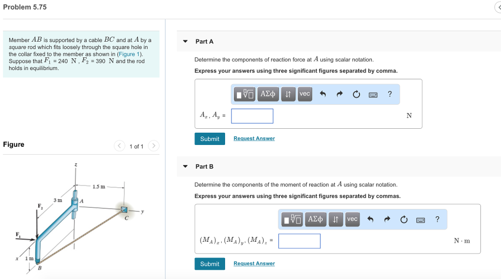 Solved Problem 5.75 Member AB is supported by a cable BC and | Chegg.com