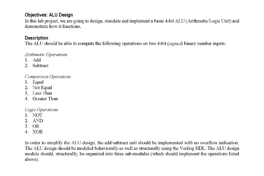 Objectives: ALU Design In this lab project, we are | Chegg.com