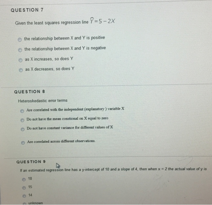 Solved QUESTION 7 Given the least squares regression line Y | Chegg.com