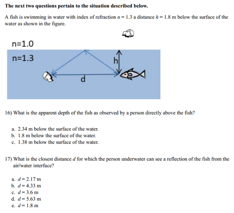 (Get Answer) A Fish Is Swimming In Water With Index Of Refraction N