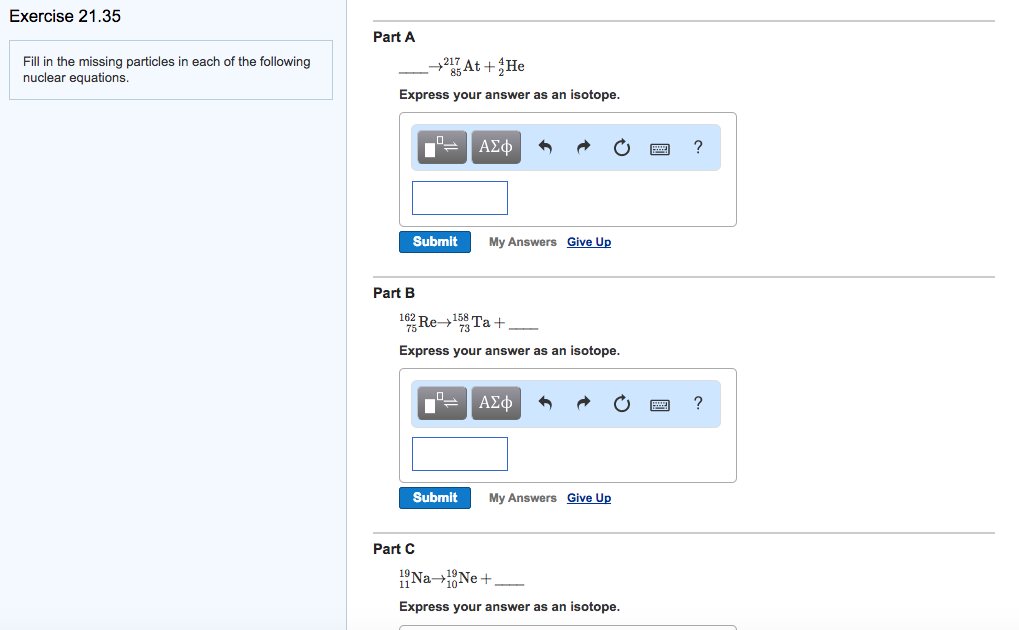 Solved Exercise 21.35 Part A Fill In The Missing Particles | Chegg.com