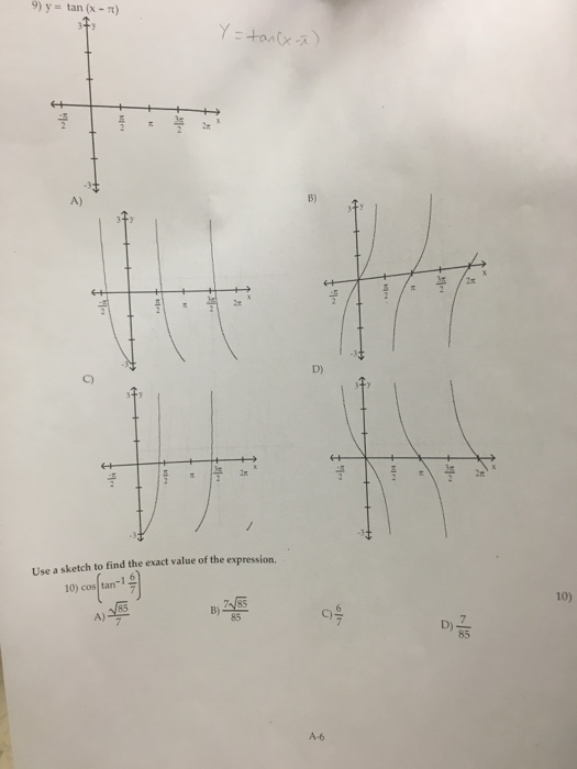 Solved y = tan (x - pi) Use a sketch to find the exact | Chegg.com