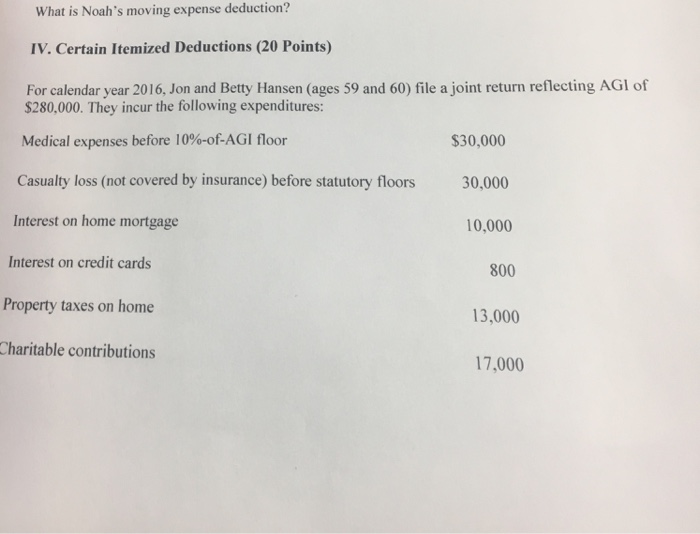 Solved What is Noah's moving expense deduction? IV. Certain