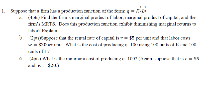 Solved Suppose that a firm has a production function of the | Chegg.com