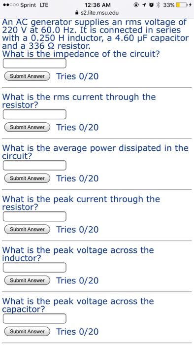 Solved An AC generator supplies an rms voltage of 220 V at | Chegg.com