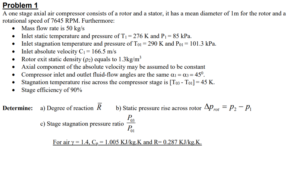 Solved Problem 1 A one stage axial air compressor consists | Chegg.com