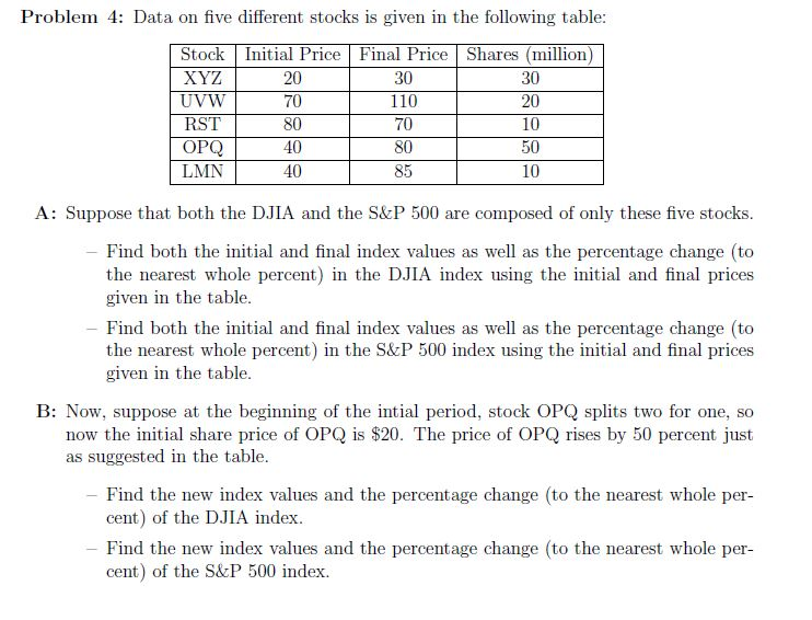 Solved Problem 4: Data on five different stocks is given in | Chegg.com