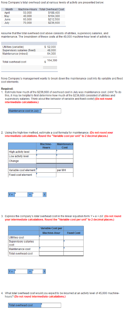 Solved Nova Company's Total Overhead Cost At Various Levels 