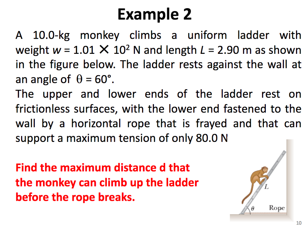 Solved Example 2 A 10.0kg monkey climbs a uniform ladder