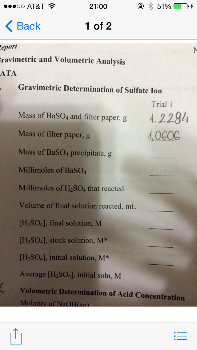 Solved Mass of BaS04 and filter paper, g Mass of filter