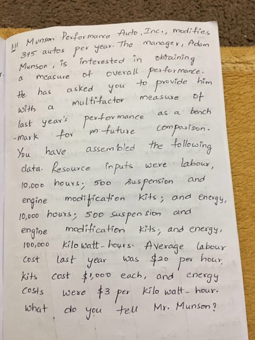 Solved Munson performance Auto. Inc., modifies 375 autos per