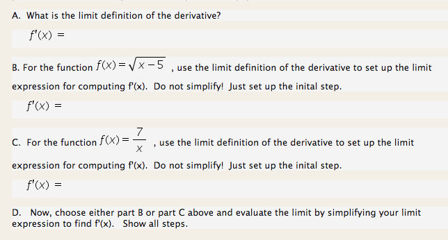 limit definition of a derivative square root function