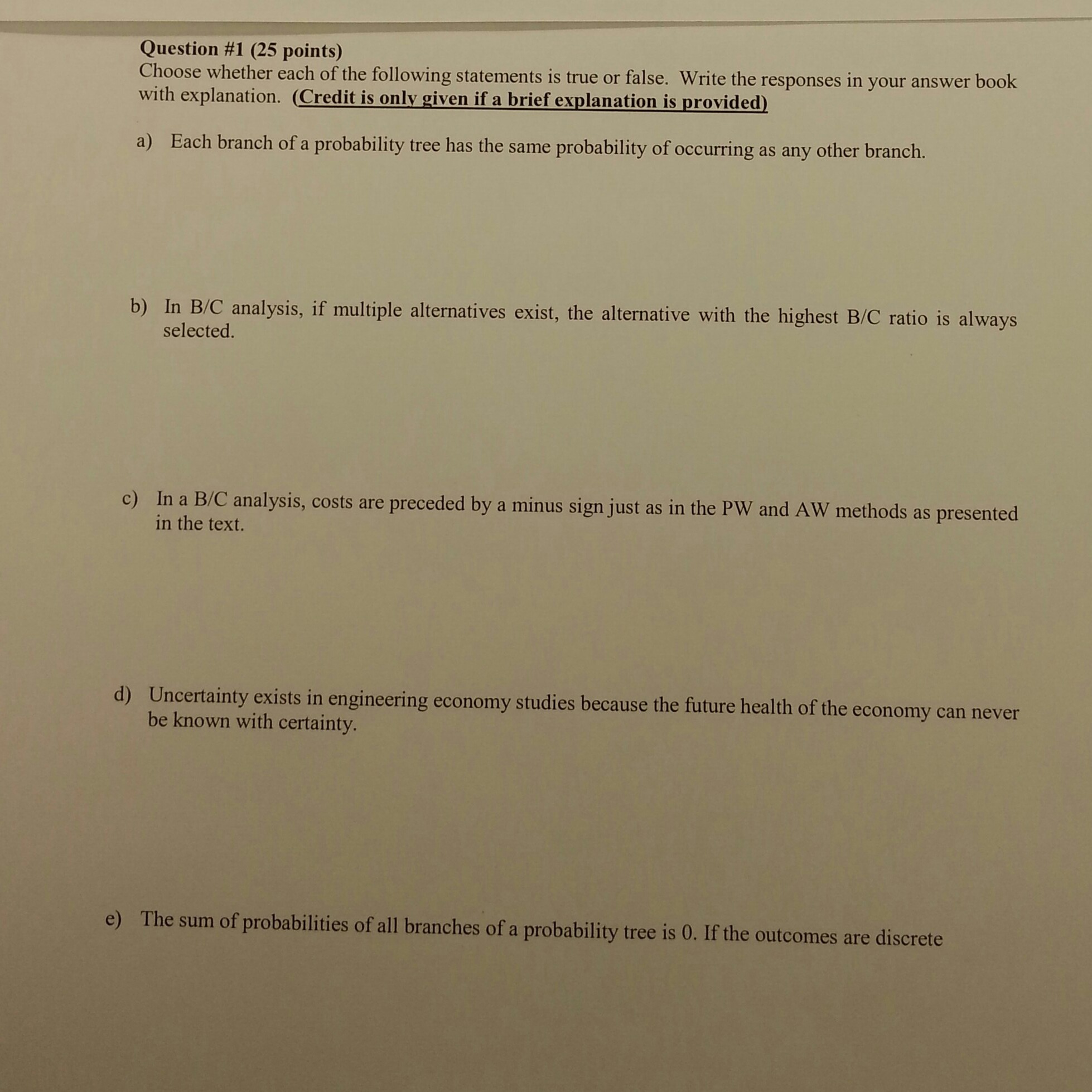 Solved Question #1 (25 Points) Choose Whether Each Of The | Chegg.com