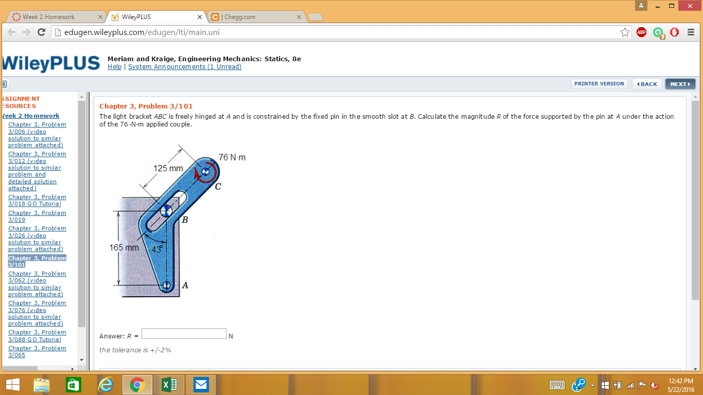 Solved The light bracket ABC is freely hinged at A and is | Chegg.com