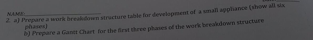Solved NAME: 2. a) Prepare a work breakdown structure table | Chegg.com