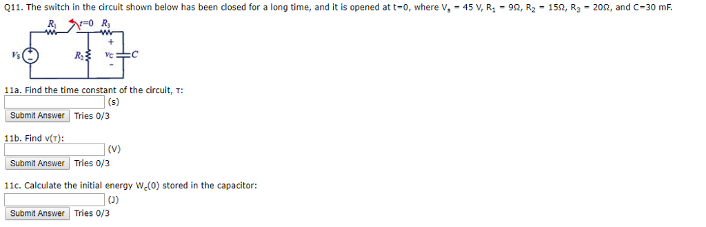 Solved Q11. The switch in the circuit shown below has been | Chegg.com